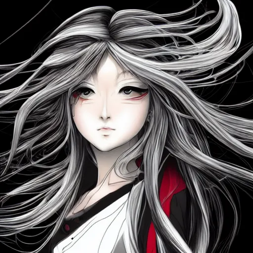 Image similar to Renaissance oil portrait of an anime girl with long white hair fluttering on the wind and black eyes wearing office suit in the style of Yoshitaka Amano drawn with expressive brush strokes, abstract black and white patterns in the backround