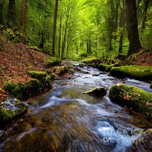 Image similar to A stream running through the woods, photograph, professional photography