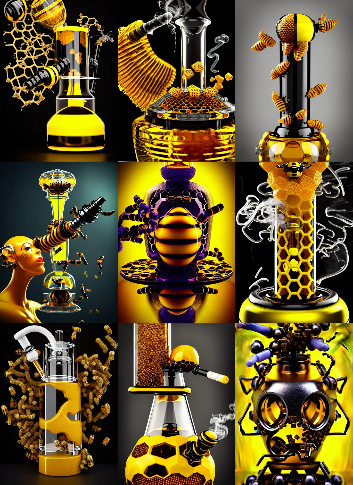 Prompt: clowncore biotech obsidian bumblebee edm cyborg smoking honeycomb bong | ornate | glamorous oily soft polished rich enticing ornate modern | weta disney pixar movie still photo | hi - fructose, sci fi fantasy, golden ratio details, smooth, octane render, sharp focus, artstation, concept art | beeple, feng zhu, mucha, rutkowski |