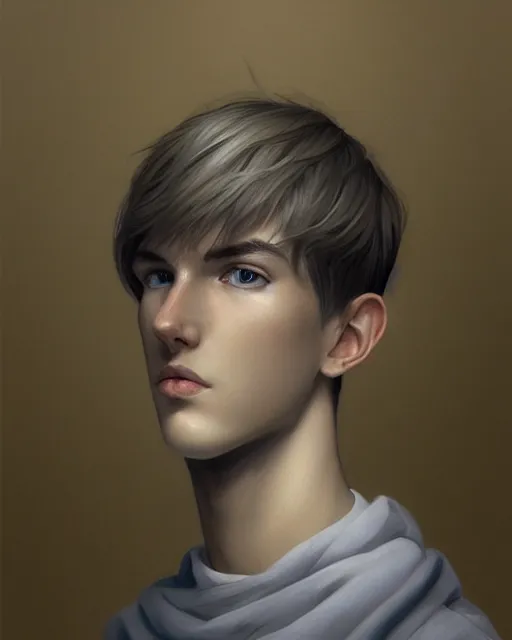 Image similar to portrait of 1 5 - year - old boy, a tall, slender boy with a pale, pointed face, sleek blond hair, and ice grey eyes, cold grey eyes, highly detailed, digital painting, artstation, concept art, smooth, sharp focus, illustration, art by artgerm and greg rutkowski and alphonse mucha