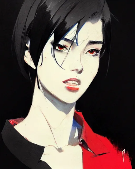 Image similar to a ultradetailed beautiful panting of a stylish woman wearing a shirt with a tie, she has black hair, by conrad roset, greg rutkowski and makoto shinkai, trending on artstation