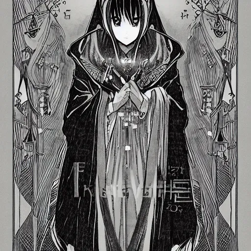 Image similar to precisely drawn illustration of anime hooded high priestess of an earth goddess, old-fashioned tarot card, victorian playing card, sepia tone, wide angle, sharp, fine details, anime, manga, cyberpunk, intense line art, 8k, precise linework, realistic, shaded lighting by katsuhiro otomo ghost-in-the-shell, magali villeneuve, artgerm, rutkowski Jeremy Lipkin and Giuseppe Dangelico Pino and Michael Garmash and Rob Rey