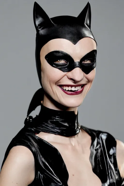 Prompt: A beautiful portrait of Daria Strokous smiling as Catwoman from Batman movie 2022, a Balmain fashion model Spring/Summer 2010, highly detailed, in the style of cinematic, Getty images, Milan fashion week backstage, Extreme close up, Makeup by Pat McGrath, Hair by Guido Palau, Greg rutkowski