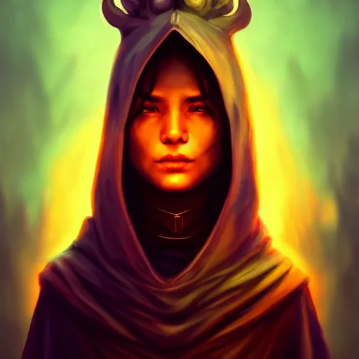 Image similar to ( a priestess with a hood that covers half her face carries an incense burner that emits a pleasantly colored flame. ) by anato finnstark, dream, full body portrait, dynamic lighting, beautiful, trending on artstation, wallpaper, 4 k, award winning, digital art, very detailed faces