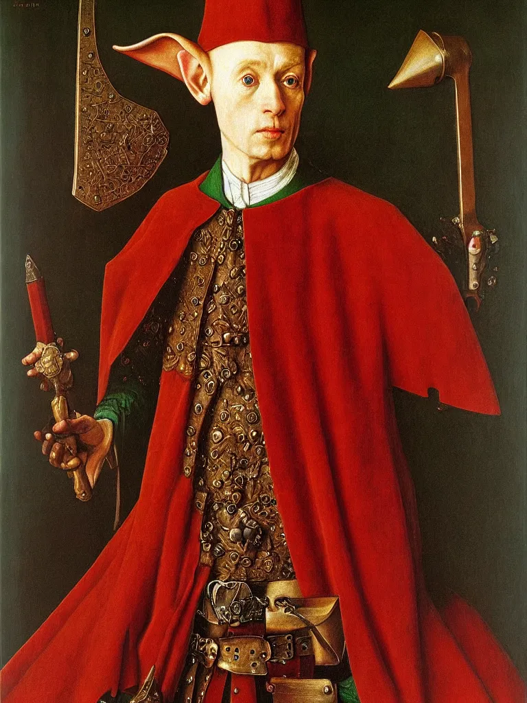 Image similar to portrait of a high fantasy elf sheriff by Jan van Eyck