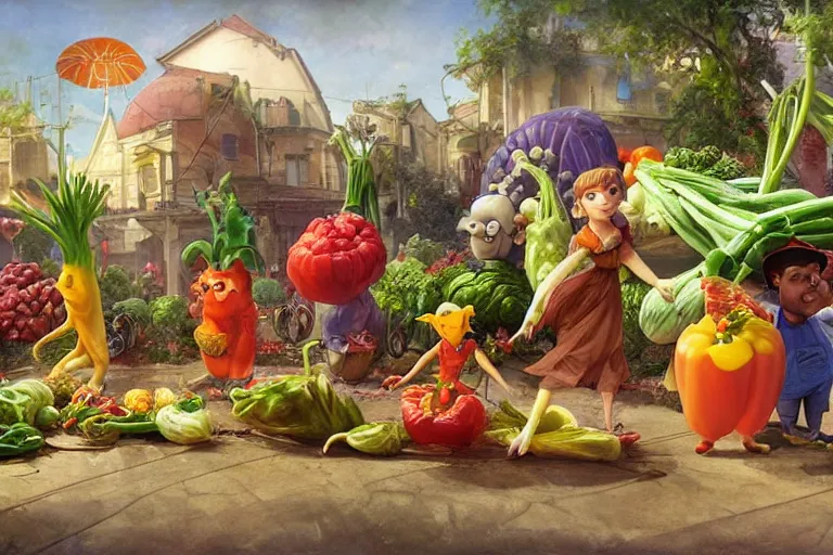 Image similar to vegetable small creatures parade on a cutting board. kitchen in the background. digital art, realistic, pixar style, highly detailed, cinematic, matte painting, vivid colors, realistic, epic, low angle, lighting, by greg rutkowski and artgerm and alphonse mucha