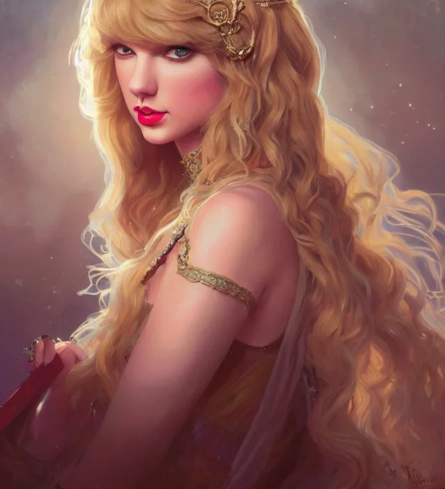 Image similar to portrait of taylor swift as a young beautiful female princess, d & d, baroque dress, elegant, flat lighting, intricate, highly detailed, digital painting, artstation, concept art, smooth, sharp focus, illustration, closeup, misa amane, art by simon bisley and greg rutkowski and alphonse mucha, novel cover