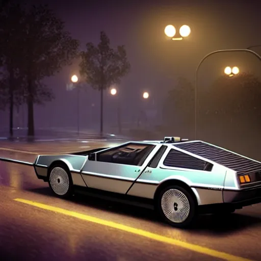 Image similar to hyperdetailed, photorealistic photograph of a dmc 1 2 delorean driving in the streets, rain, night, dense fog, hd, unreal engine 5 by greg rutowski, by stanley artgerm, by alphonse mucha