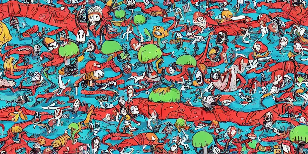 Image similar to wheres wally? Wally is lost on alien planet. by Martin Handford