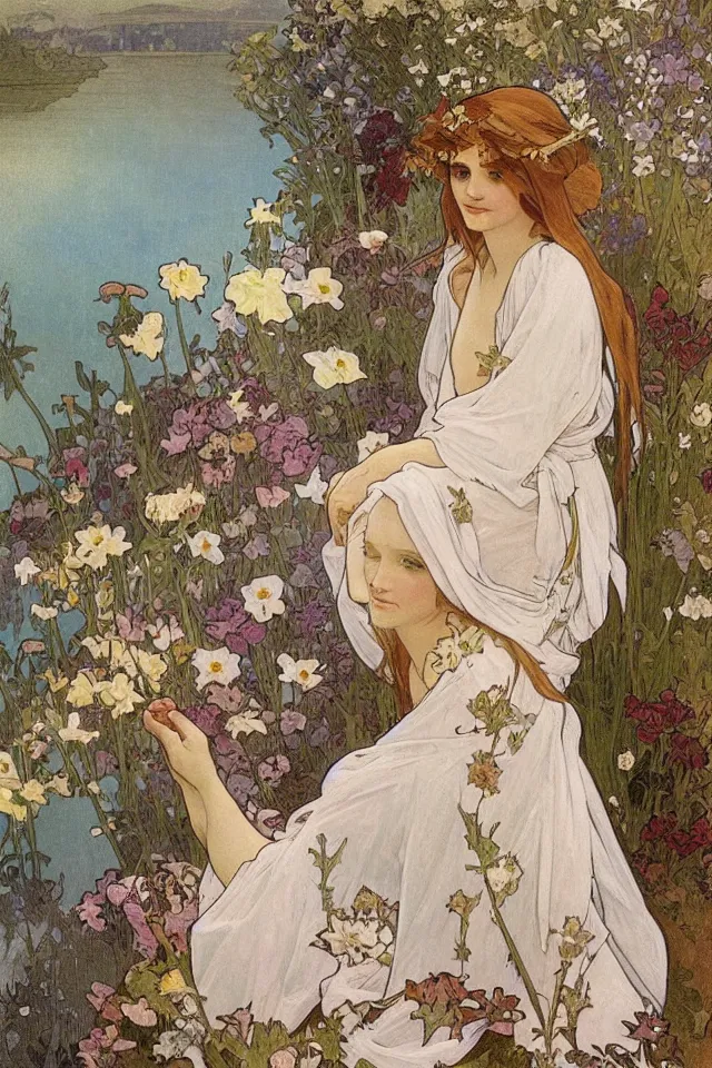 Prompt: atmospheric painting of a fairy in a robe made of flowers, sitting next to a lake by Alphonse Mucha