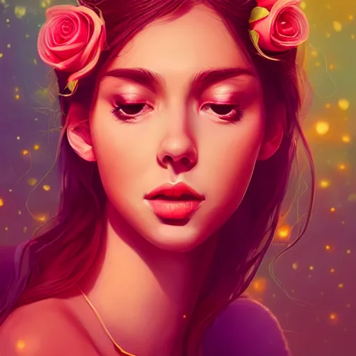 Prompt: beautiful charming goddess of sunshine and roses, character art portrait, deviantart artstation, by alena aenami, by michael whelan, behance hd, bokeh