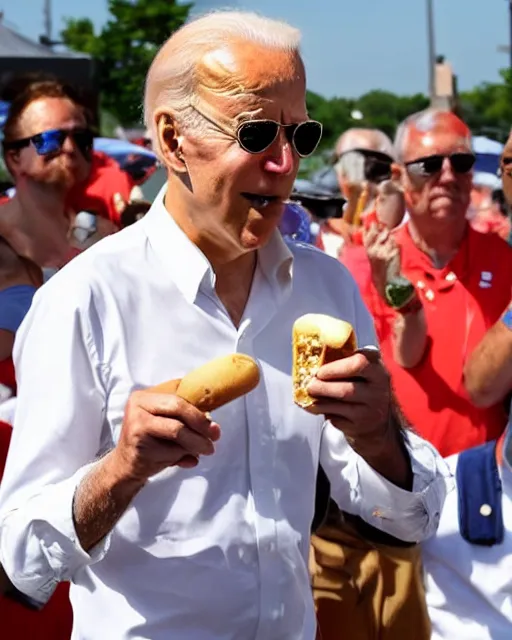 Prompt: joe biden eating hot dogs at the nathans hot dog eating contest