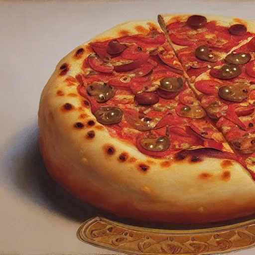 Image similar to A hyperrealistic cake of a pizza, illustrated by Gaston Bussiere, trending on artstation, 4k, 8k, professional photography