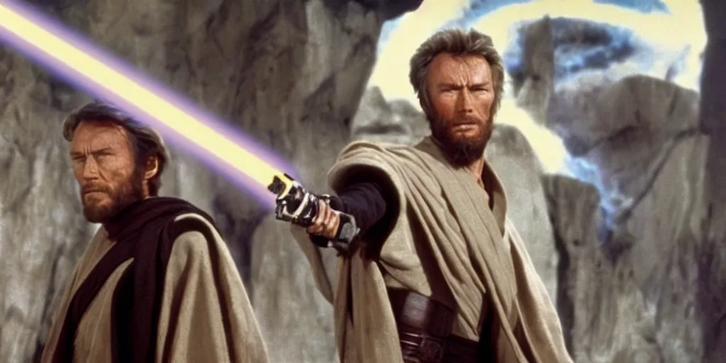 Prompt: Still of Clint Eastwood as jedi! master Obiwan kenobi!!!!. in Star Wars (1977). detailed eyes. medium shot, technicolor. light saber!!