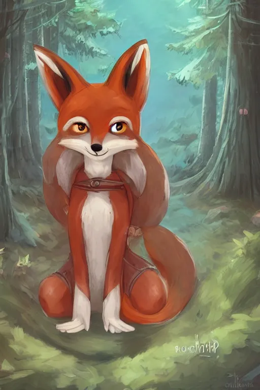 Image similar to a pretty medieval anthropomorphic fox with a fluffy tail in the forest, comic art, trending on furaffinity, cartoon, kawaii, backlighting, furry art!!!, radiant light, bokeh, trending on artstation, digital art, top view