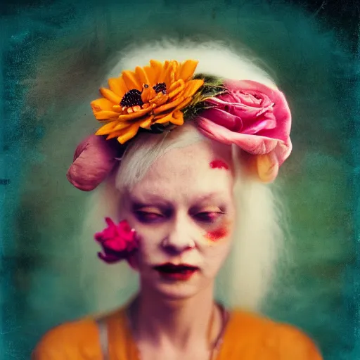 Image similar to realistic expired kodak film portrait of albino india woman tentacled creature mix, marigold, roses, lotus, jamine celestial vibe, hyperrealism, hypermaxiymalism, photorealistic, detailed, atmospheric, 8 k, award winning photography, cinematic