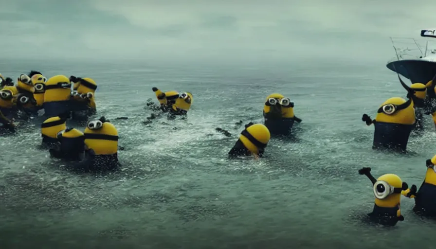 Image similar to “minions jumping out of boat into water on D-Day, 4k, cinematic, award winning”