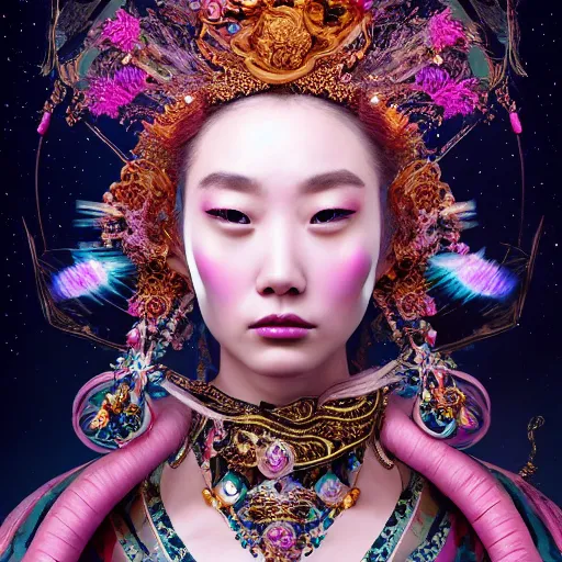 Image similar to a beautiful empress portrait, with a brilliant, impossible striking big cosmic galaxy headpiece, clothes entirely made out of cosmos chaos energy, symmetrical, dramatic studio lighting, rococo, baroque, jewels, asian, hyperrealism, closeup, D&D, fantasy, intricate, elegant, highly detailed, digital painting, artstation, octane render, 8k, concept art, matte, sharp focus, illustration, art by Artgerm and Greg Rutkowski and Alphonse Mucha