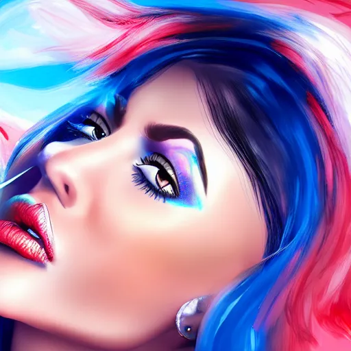 Image similar to portait of haifa wehbe, perfect lips, licking tongue, long hair centred, hd, very detailed curve, digital painting, unreal engine, amazing blue background theme