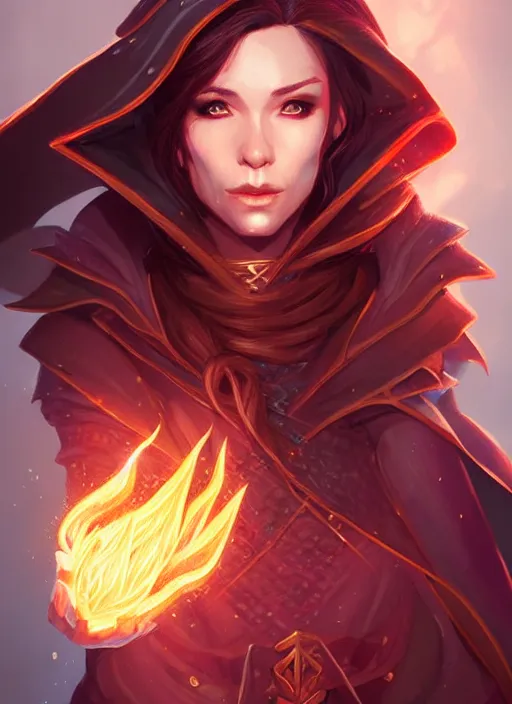 Image similar to portrait of a mix between wizard and rogue, female, shiny fire spell and dagger, leather robes, high fantasy, dnd, face details, extremely detailed, smooth, sharp focus, digital illustration, by artgem, rossdraws, sakimichan