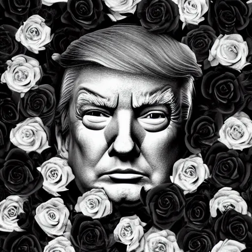 Image similar to amazingly complex portrait of Donald trump laying in a bed of black roses as a goddess staring curiously at you. soft detailed painting at 16K resolution and amazingly epic visuals. epically beautiful image. amazing effect, image looks gorgeously crisp as far as it's visual fidelity goes, absolutely outstanding. vivid clarity. ultra detail. iridescent. mind-breaking. mega-beautiful pencil shadowing. beautiful face. Ultra High Definition. soft shading. soft texture. intensely beautiful.