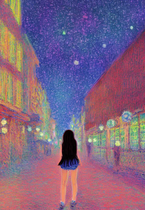 Image similar to wide angle portrait of a teenage girl, a thrifty outfit, somewhat of an anime in impressionist style, city street view background, starlit night sky, trending artwork, illustrated in anime painter studio, by claude monet