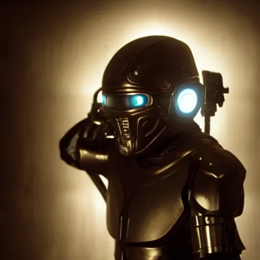 Image similar to movie still of a man with a cyborg leon helmet, cinematic composition, cinematic light, by edgar wright and david lynch