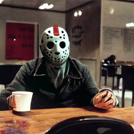 Image similar to photograph of jason voorhees having a coffee at an european caffé