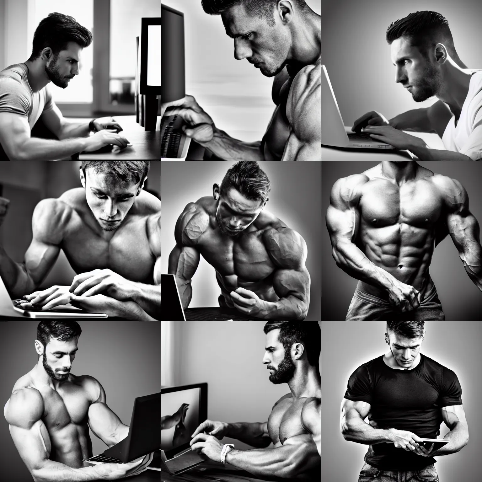 Prompt: muscular handsome man, sharp jawline, using a computer, black and white photograph, 4 k