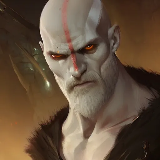 Image similar to kratos with white hair holding skull, by makoto shinkai, greg rutkowski, artstation, high detailed, cgsociety,