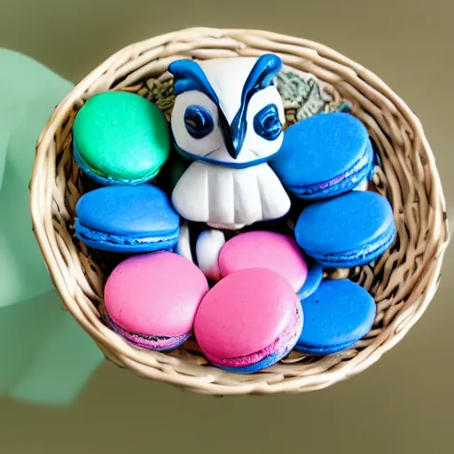 Image similar to A blue jay standing on a large basket of rainbow macarons.