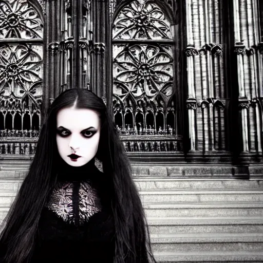 Prompt: gothic girl dressed in black, perfect face, macro head shot, behind her a gothic cathedral, perfect photo, no decaying lines, the windows of the cathedral are reflecting red flame lights, delicate mandala intricate ornaments