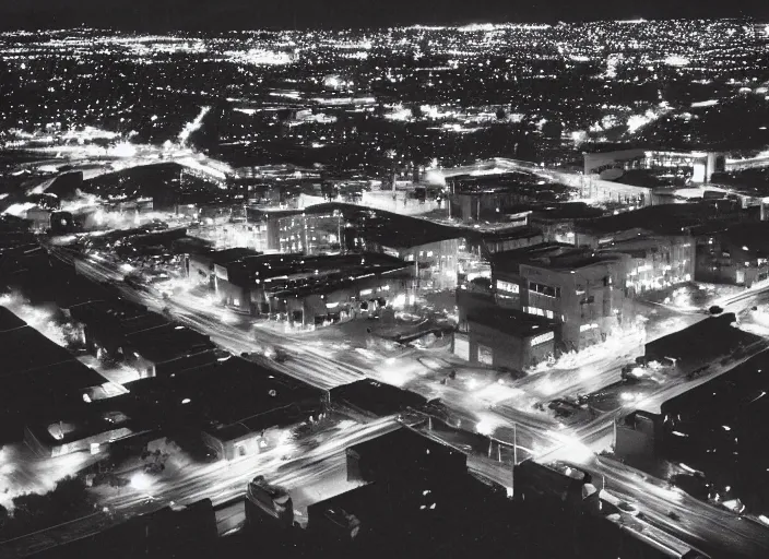 Image similar to a sprawling building complex seen from a dark parking lot in los angeles at night. 1 9 9 0 photo by james cameron