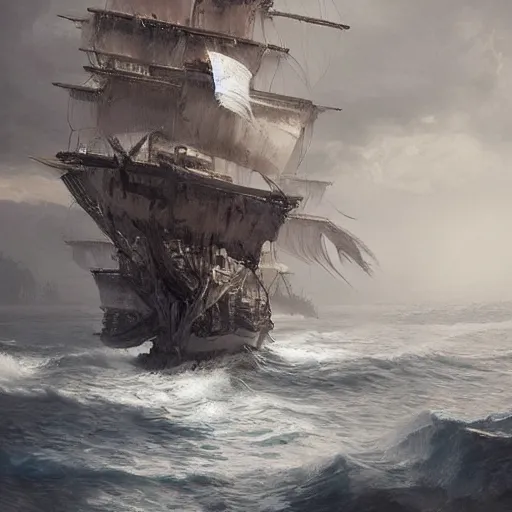 Image similar to detailed white pirate ship with hundreds of white feathers by greg rutkowski, enigmatic atmosphere, beautiful and cinematic lighting, artstation hq.