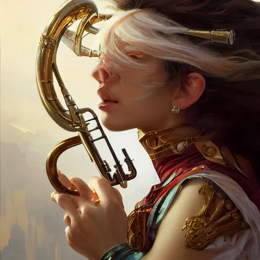 Image similar to a strange blowing horn, d & d, fantasy, intricate, elegant, highly detailed, digital painting, artstation, concept art, smooth, sharp focus, illustration, art by artgerm and greg rutkowski and alphonse mucha