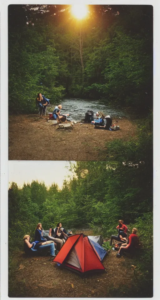 Image similar to polaroid photo of 9 0's highschool teenagers camping in the woods by a river, sunset, campfire, realistic, grainy image, iso 1 6 0 0