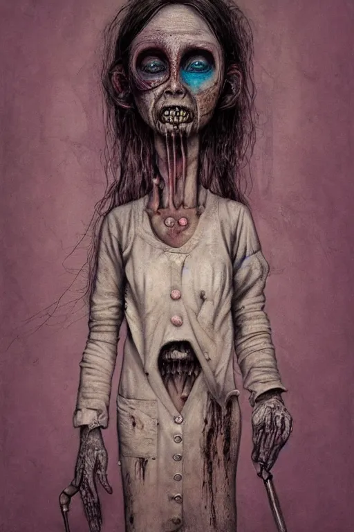 Image similar to surrealism crayon cartoon grunge of a creepy horror nurse girl . intricate artwork. nightmare fuel. terrifying. by zdzisław Beksiński, wlop, dan mumford , trending on artstation, greg rutkowski very coherent symmetrical artwork. cinematic, hyper realism, high detail, octane render, 8k