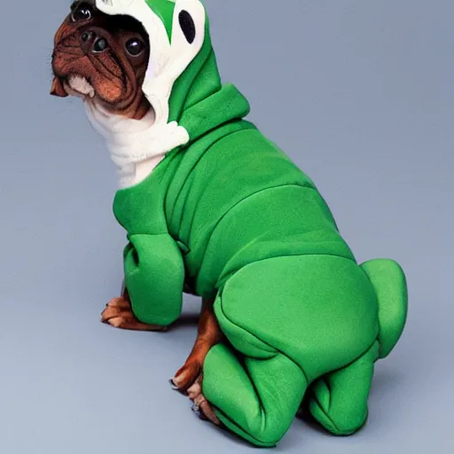 Prompt: puppy in a soft cloth frog suit