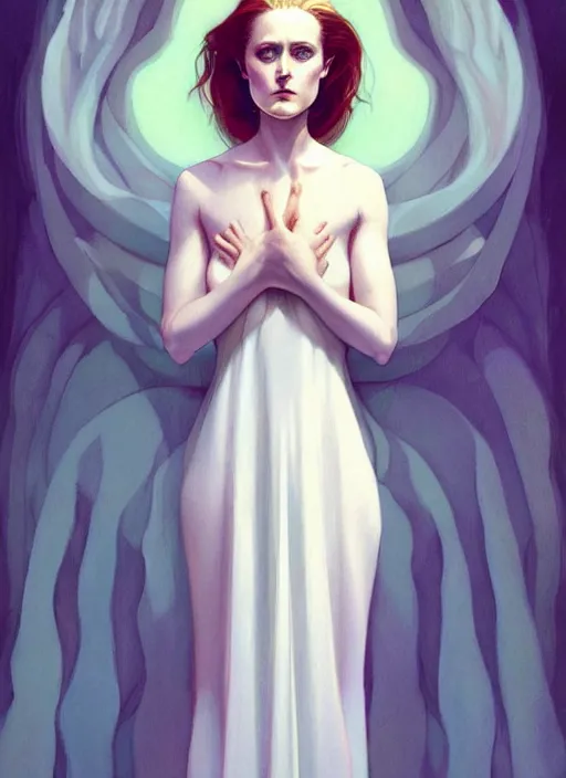 Prompt: in the style of Joshua Middleton art, goddess, Evan Rachel Wood, pale, holy, gorgeous, full body white dress, symmetrical face, high fantasy, concept art, warm lighting, painting