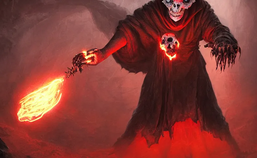 Image similar to portrait of a humanoid rat sorcerer with a rat skull face, glowing red eyes in the rat skull, dark hooded sorcerer robes, fantasy, d & d, greg rutkowski, frank frazetta, intricately detailed, impressive lighting, misty environment, holding a blue flame in each hand, power stance, ultimate power, doom, 8 k hdr