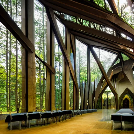 Prompt: solarpunk chapel building, high tech futuristic gothic, in nature with nothing else around, beautiful ambient lighting, forest and mountains and beams of light, realistic photo