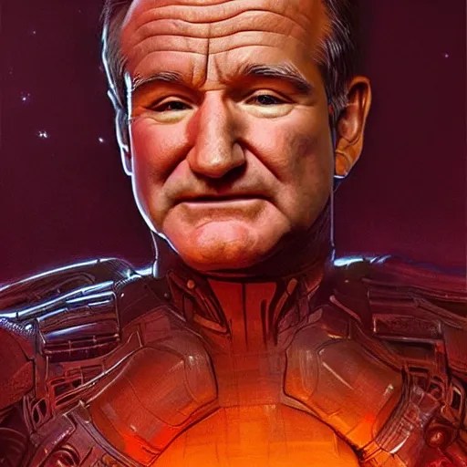 Image similar to Very very very very highly detailed epic photo of Robin Williams, intricate, dystopian, sci-fi, extremely detailed, digital painting, artstation, concept art, smooth, sharp focus, illustration, intimidating lighting, incredible art by Artgerm and Vincent di Fate