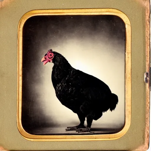 Prompt: Tintype photograph of chonky black chicken as an overweight subject. 1990s studio lighting.