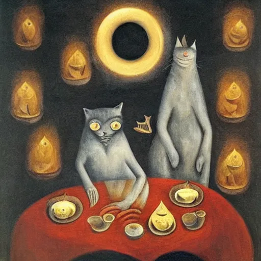 Prompt: By Leonora Carrington, a large cat using a divination circle to summon a large tuna fish, shadowy environment lit by very large candles, artistic, oil painting.