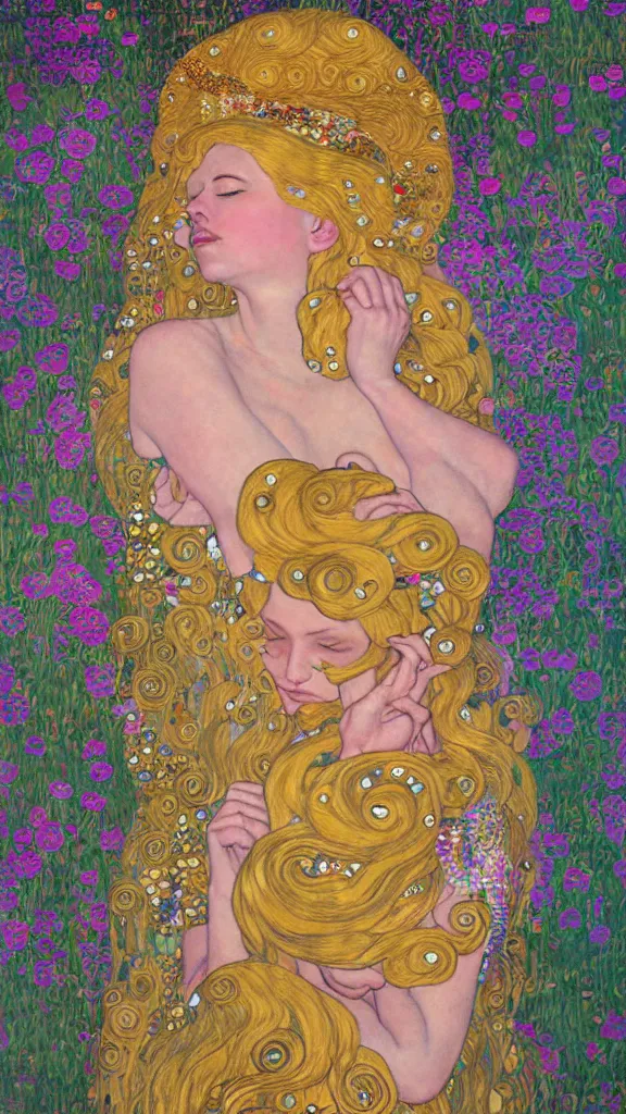 Image similar to a soft and breathtaking detailed painting of a full body sleeping blonde princess in the style of gustav klimt, blonde hair, shiny gold, elegant, highly detailed, artstation, fluo colors, concept art, matte, sharp focus, art by gustav klimt