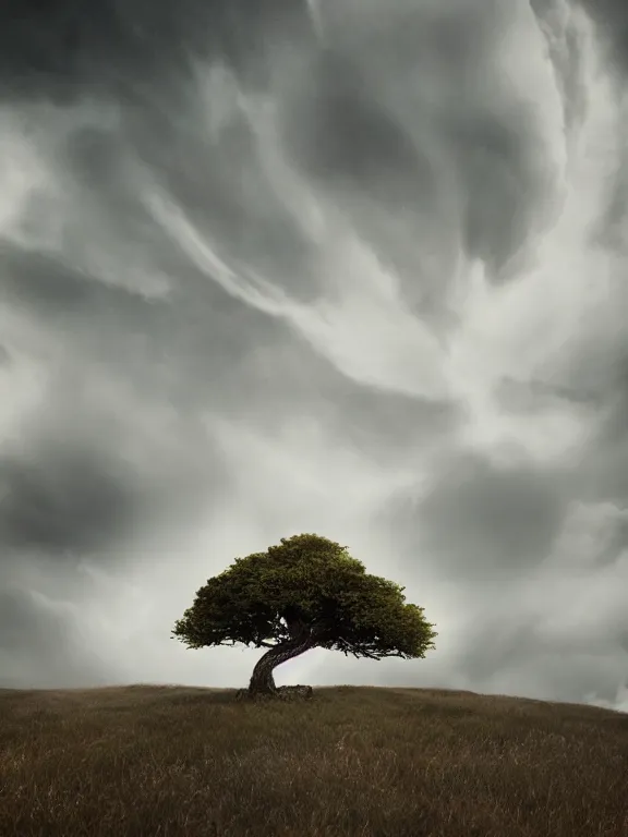 Image similar to photo of 8k ultra realistic lone dead tree on hill surrounded by swirling clouds and lighting, dark, menacing, full of colour, cinematic lighting, battered, trending on artstation, 4k, hyperrealistic, focused, extreme details,unreal engine 5, cinematic, masterpiece, art by Studio Ghibli