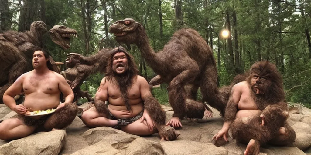 Prompt: photo, three hairy neanderthal people, sumo japanese, eating outside, surrounded by dinosaurs!, gigantic forest trees, sitting on rocks, bright moon, birthday cake on the ground, front view, emma! watson! is among them in bikini