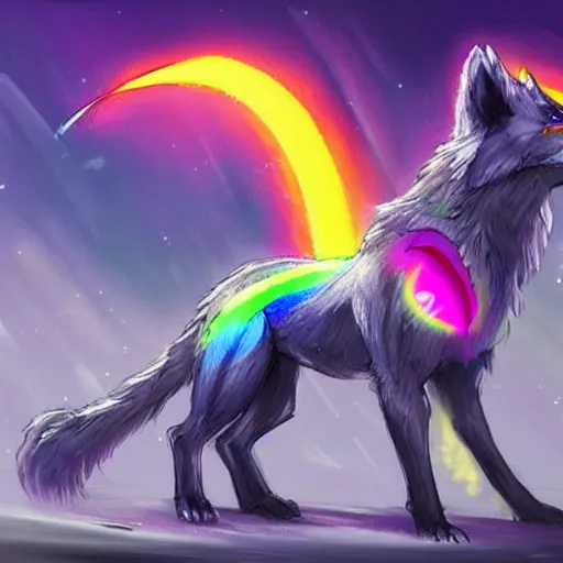 Prompt: Concept art of glowing rainbow star wolf, trending on artstation.