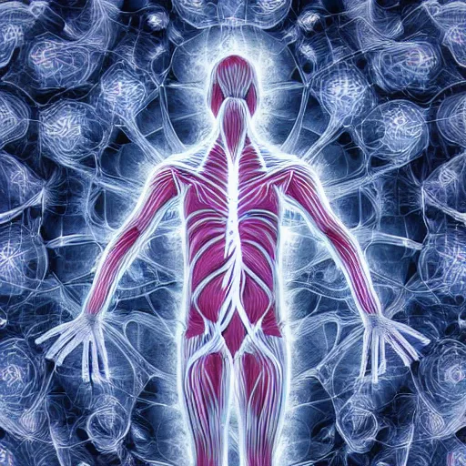 Prompt: full frame human body with fractal microorganisms aura, fine details, symmetrical, fine details, muscles, veins, artery, 90's aesthetic, x-ray, noise film, photo