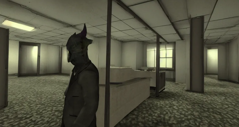 Image similar to An office at 3AM with multiple cubicles and a window that provides a view of the city, a demon at the back of the room stares at the camera, Source Engine, Gmod, Half Life 2, Bioshock, Outlast